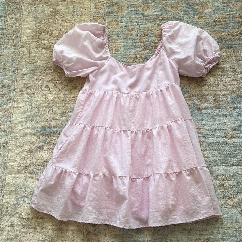 Puff Sleeve Tiered Mini Dress in Soft Pink - Picture 2 of 2